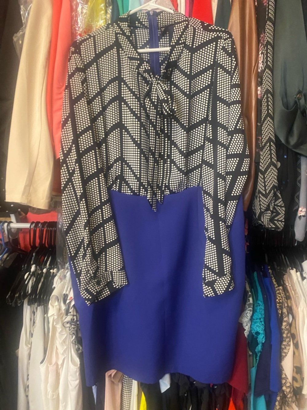 SHEIN Black & White Geometric Tie-Neck Dress with Blue Skirt